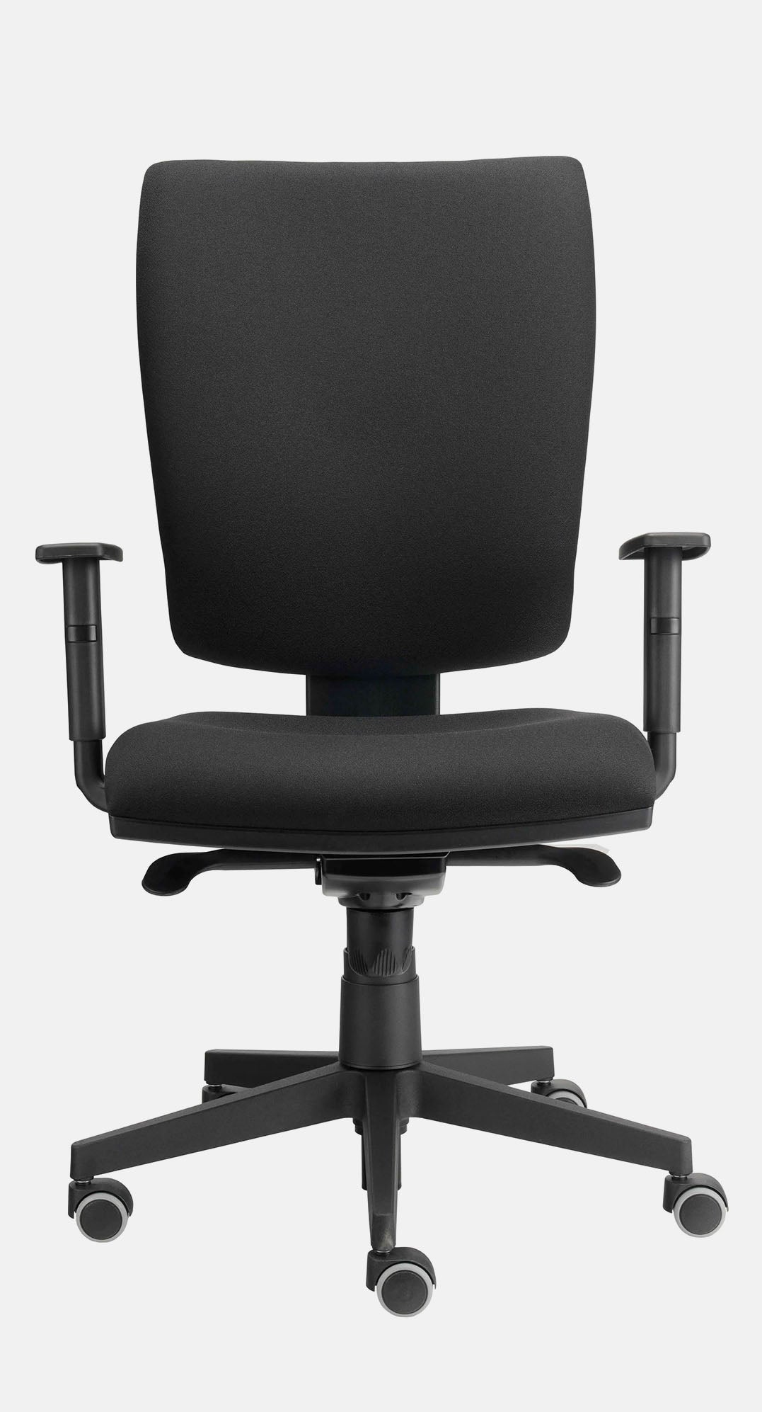 Schwarzer Bürostuhl mit gepolsterter Rückenlehne und Sitzfläche inklusive Armlehnen