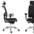 Seitliche und frontale Ansicht eines schwarzen Bürostuhls mit Kopfstütze, Armlehnen und verchromtem Fünf-Fuß