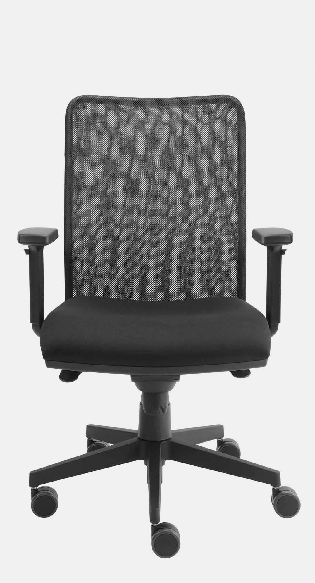 Schwarzer Bürostuhl mit Netz-Rückenlehne und gepolsterter Sitzfläche inklusive Armlehnen
