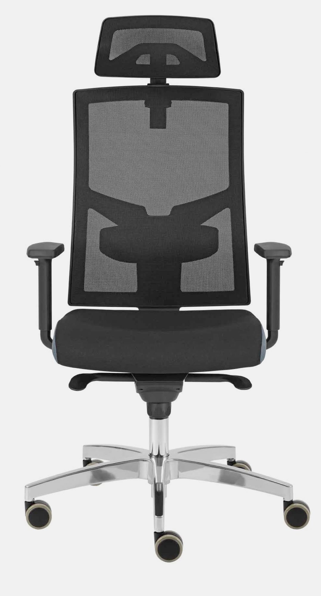 Schwarzer Bürostuhl mit gepolsterter Sitzfläche und Netz-Rückenlehne sowie Kopfstütze inklusive Armlehnen 