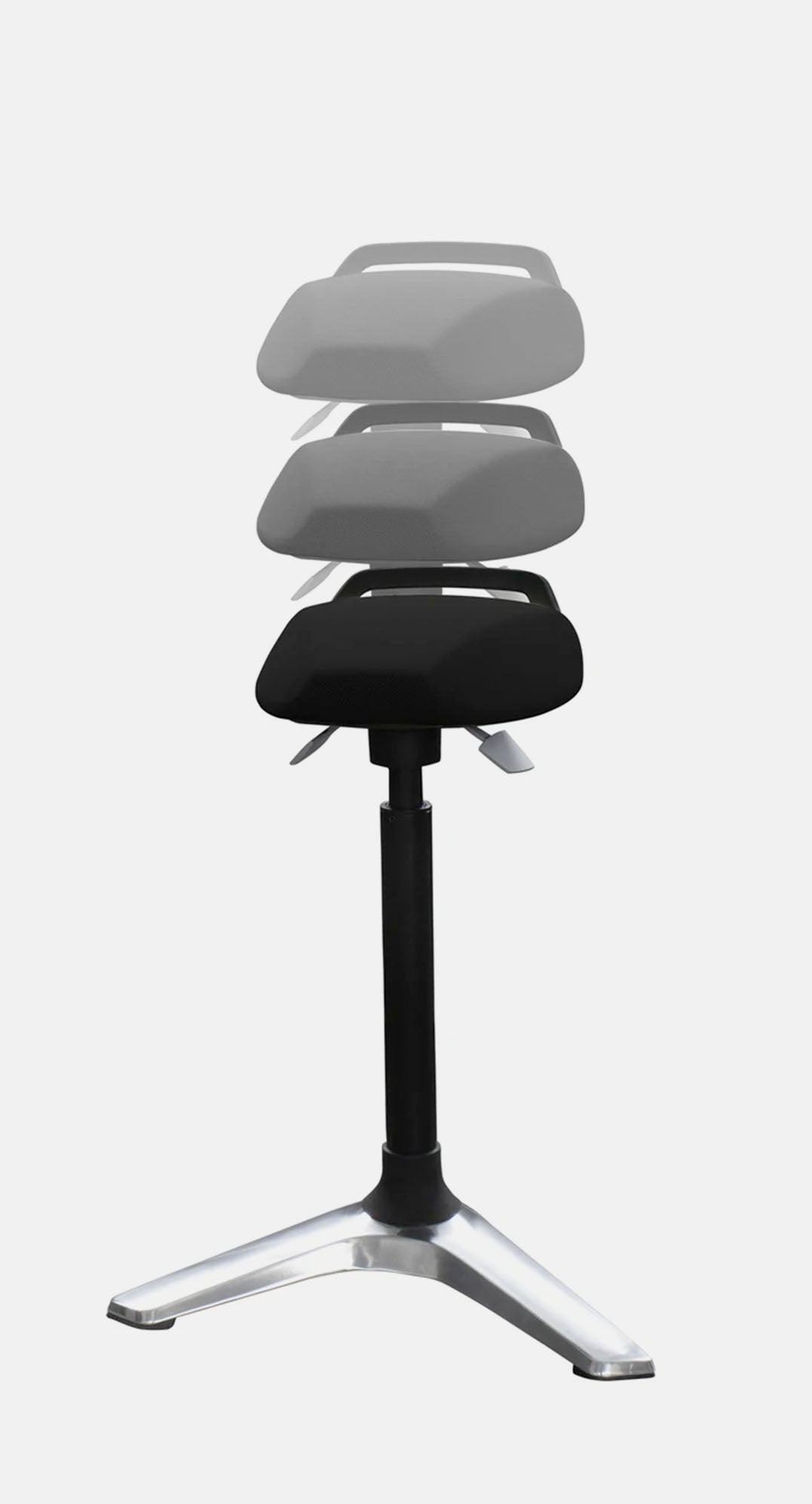 Abbildung eines Höhenverstellbaren Einbein-Hockers dessen unterschiedliche Höhen durch Einblendungen mit geringerer Opazität verdeutlicht wird