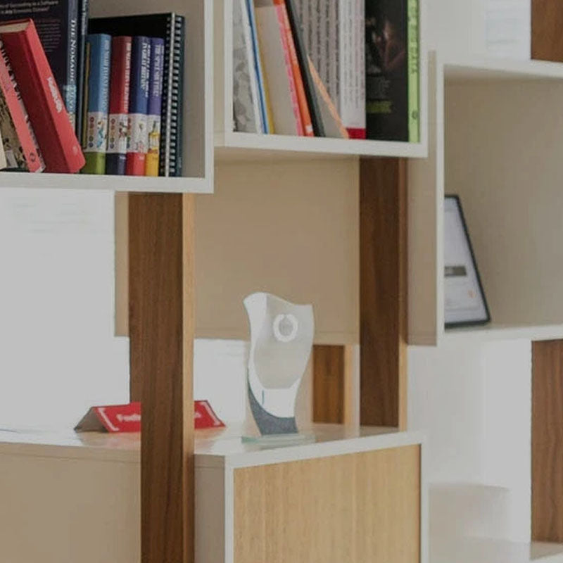 Ausschnitt eines Holzregals in dem Bücher, ein Spiegel und diverse andere Gegenstände zu sehen sind